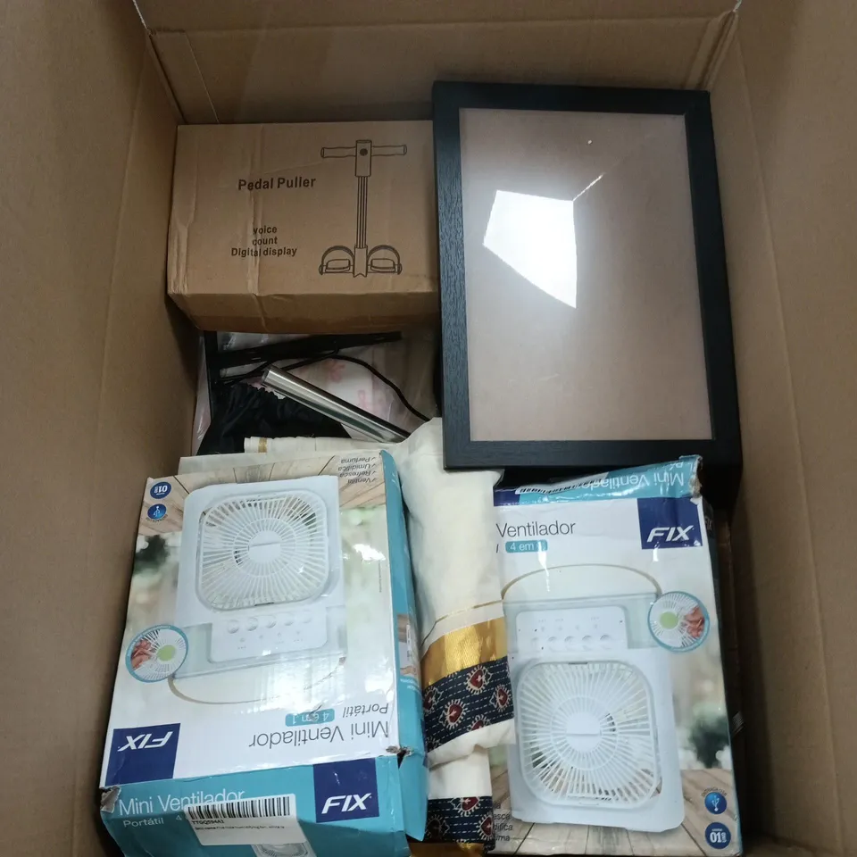 BOX OF APPROXIMATELY 20 ASSORTED ITEMS INCLUDING A PICTURE FRAME, SOME FABRIC AND A PEDAL PULLER