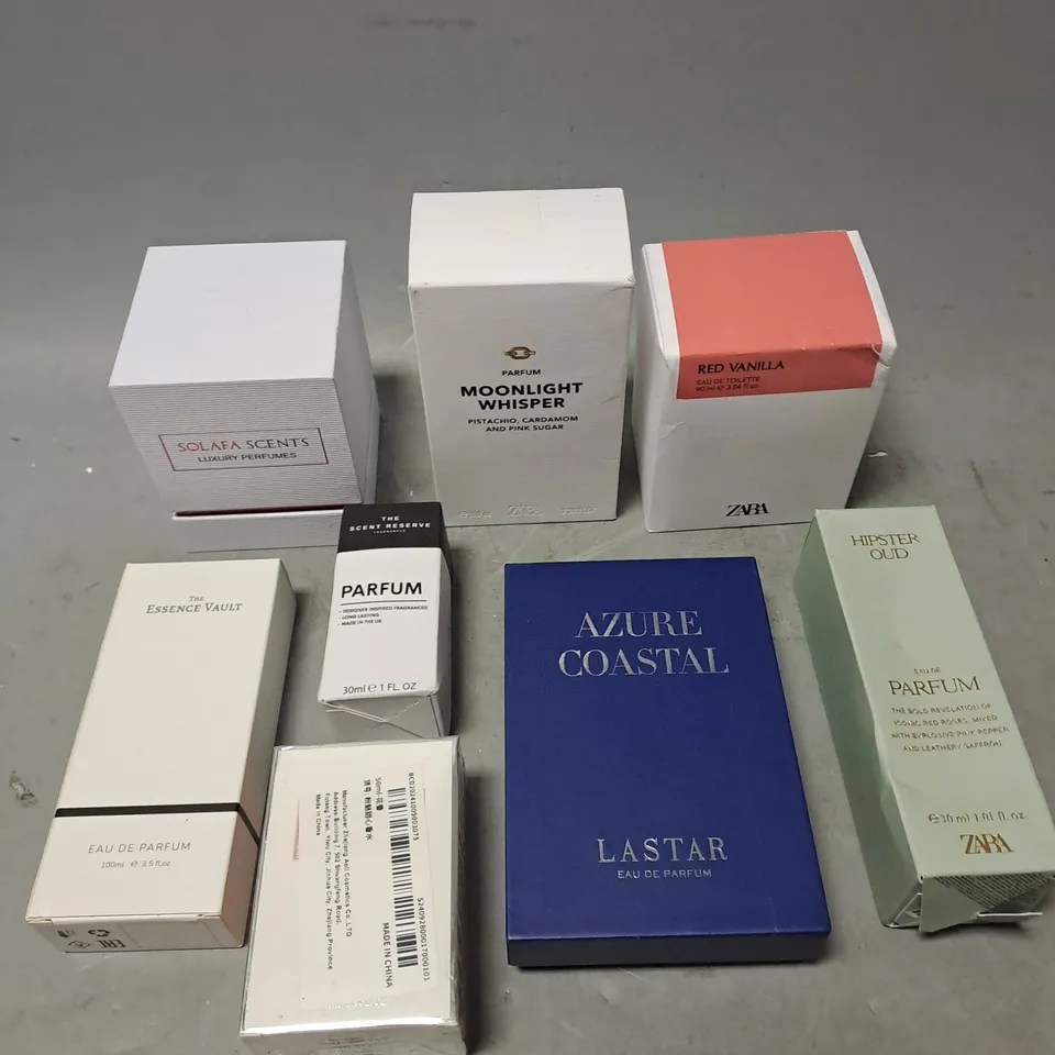 APPROXIMATELY 8 ASSORTED BOXED FRAGRANCES TO INCLUDE - ZARA RED VANILLA - MOONLIGHT WHISPER - ZARA HIPSTER OUD - ETC