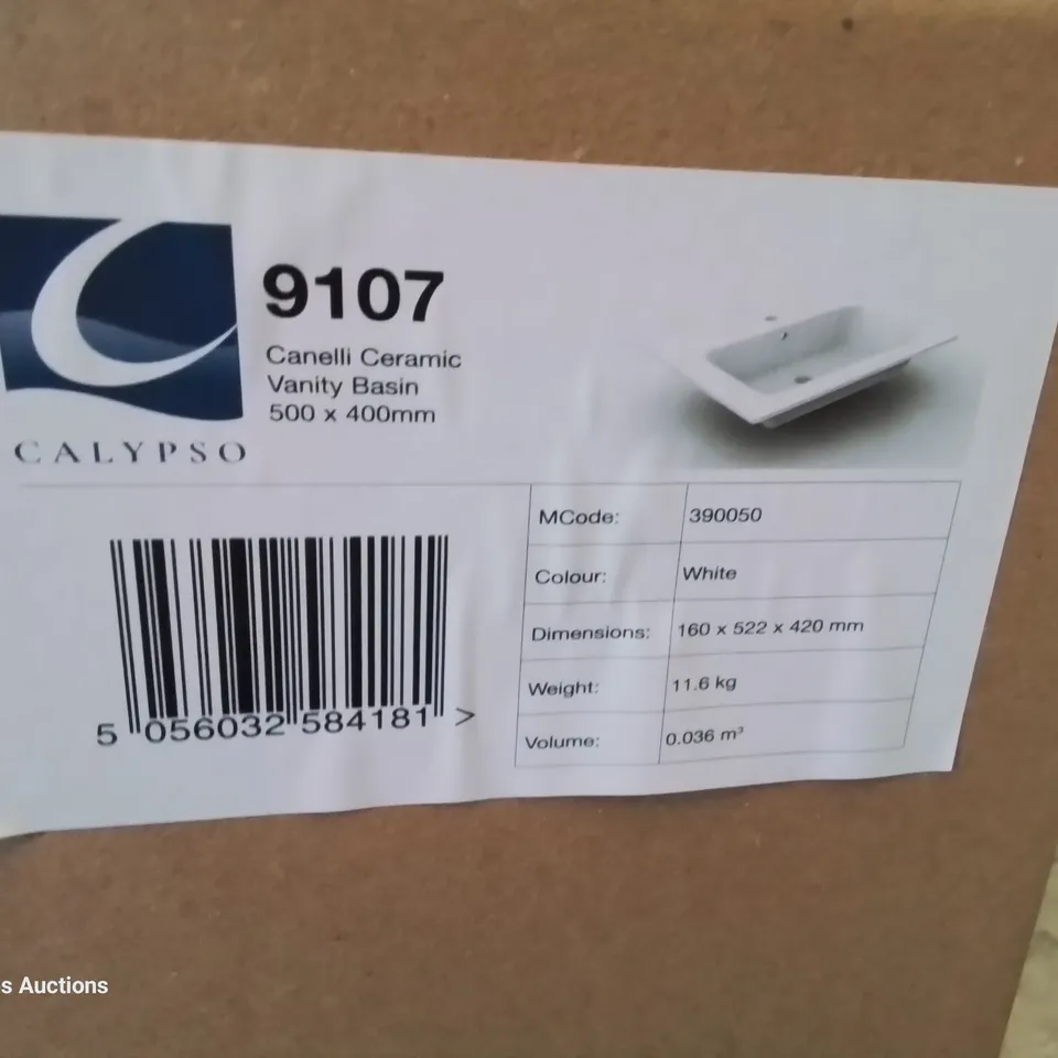 BOXED CANELLI CERAMIC SINGKE TAP VANITY BASIN WHITE 500 × 400mm