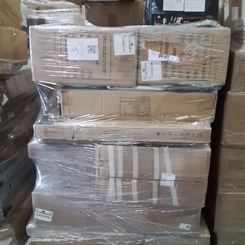 PALLET CONTAINING VARIOUS ASSORTED BOXED ITEMS TO INCLUDE: RC TOY CAR, COMPUTER DESK, CORDLESS VACUUM, SOFA BED PARTS AND LOTS MORE UNMARKED BOXED ITEMS 