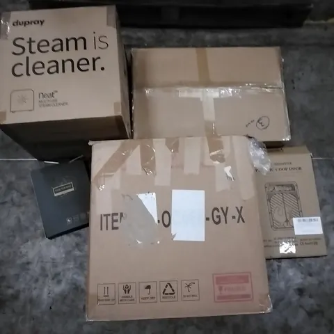 PALLET OF ASSORTED PRODUCTS INCLUDING MULTIUSE STEAM CLEANER, CASE FOR IPAD, OFFICE CHAIR, PLASTIC COOP DOOR, LAUNDRY HAMPER
