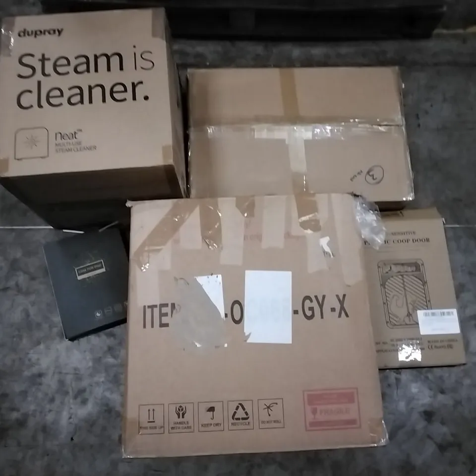 PALLET OF ASSORTED PRODUCTS INCLUDING MULTIUSE STEAM CLEANER, CASE FOR IPAD, OFFICE CHAIR, PLASTIC COOP DOOR, LAUNDRY HAMPER