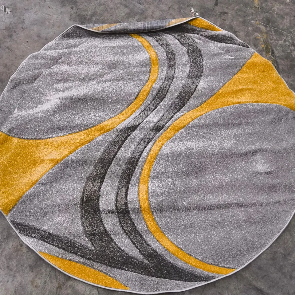 ROUND RUG – ABSTRACT GREY, BLACK & MUSTARD YELLOW PATTERN (180X180CM)
