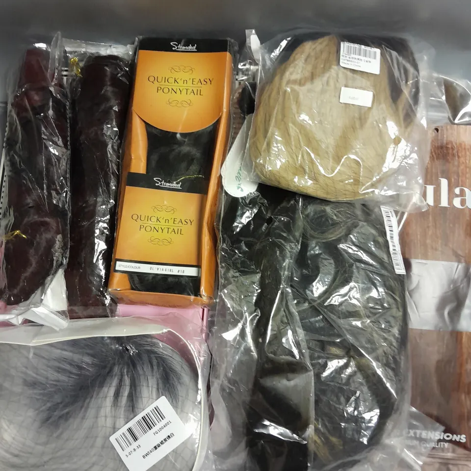 BOX OF APPROXIMATELY 15 ASSORTED WIGS AND HAIR EXTENSIONS IN ASSORTED BRANDS, STYLES AND COLOURS