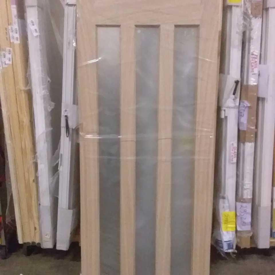 1984MM X 837MM WIDE 3 GLASS PANNEL INTERIOR DOOR WITH DAMAGE FRAME