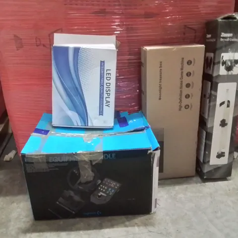 PALLET OF ASSORTED HOUSEHOLD GOODS AND PRODUCTS TO INCLUDE;LED DISPLAY,MOONLIGHT TREASURE BOX,DRYWALL CUTTER,LOGITECH DRIVING WHEEL