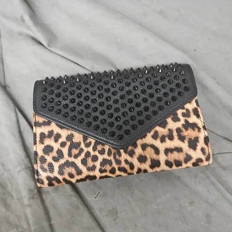 CHRISTIAN LOUBOUTIN LEOPARD PRINT FAUX LEATHER WALLET WITH BLACK STUDDED FLAP 