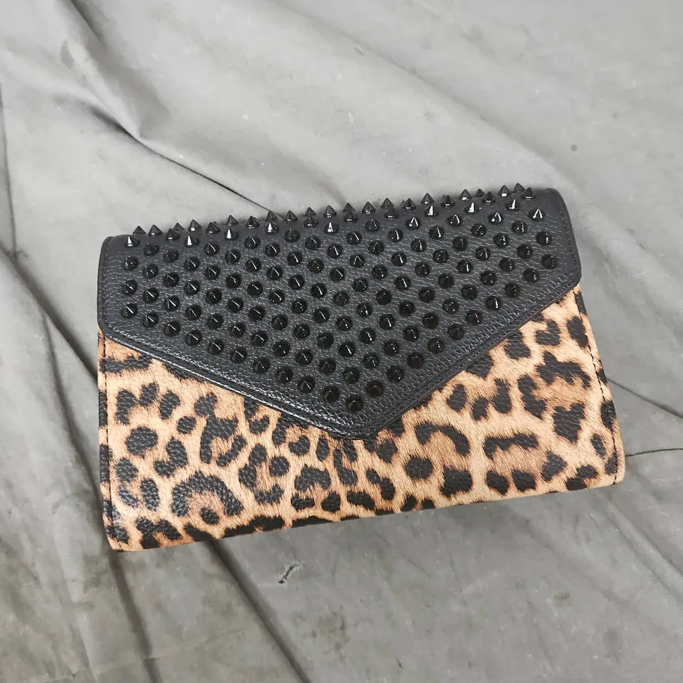 CHRISTIAN LOUBOUTIN LEOPARD PRINT FAUX LEATHER WALLET WITH BLACK STUDDED FLAP 
