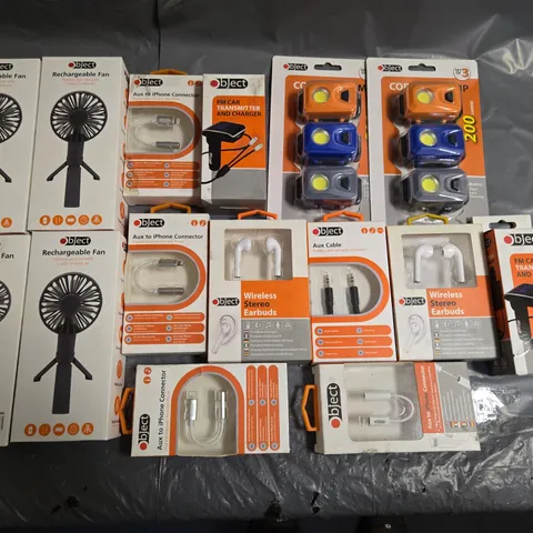 LOT OF APPROXIMATELY 50 ASSORTED OBJECT ITEMS TO INCLUDE RECHARGABLE FANS, COB HEADLIGHTS AND STEREO HEADPHONES