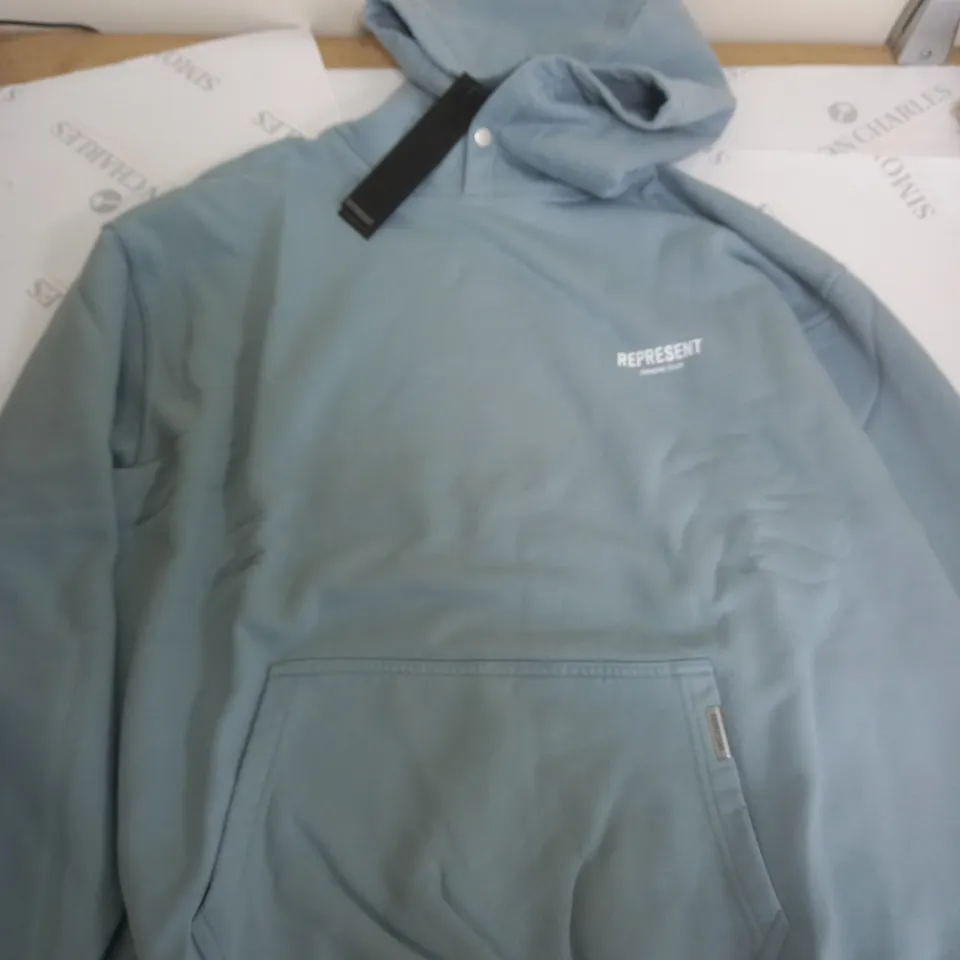REPRESENT LIGHT BLUE PLAIN HOODIE WITH BACK GRAPHIC LOGO - L