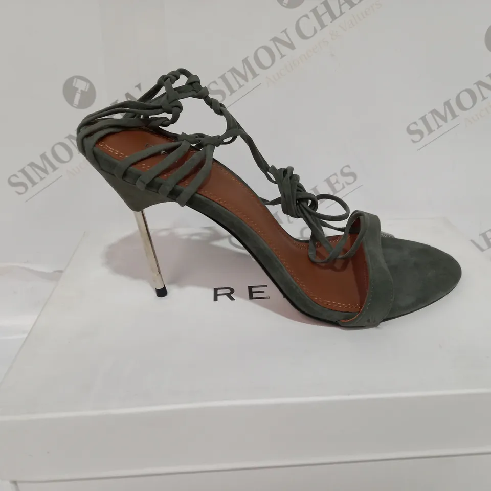 BOXED PAIR OF REISS ZHANE STRAPPY SUEDE HEELS IN GREEN SIZE 6