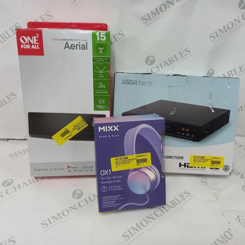 APPROXIMATELY 20 ASSORTED ITEMS TO INCLUDE MIXX OX1 HEADPHONES, HDTV INDOOR AERIAL, DVD PLAYER ETC. 