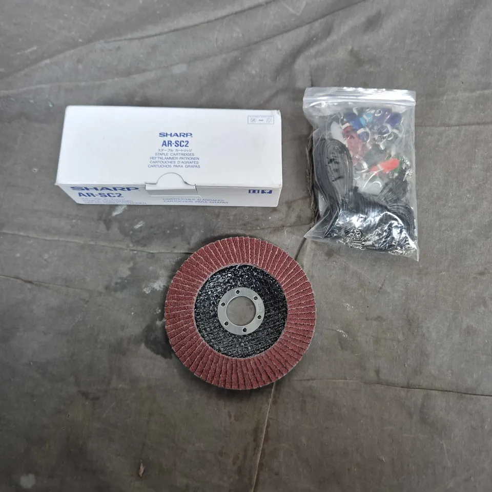 APPROXIMATELY 15 ASSORTED HOUSEHOLD PRODUCTS TO INCLUDE BOX OF STAPLES, BAG OF GEMSTONE LIKE CIRCLE SANDING BLADE