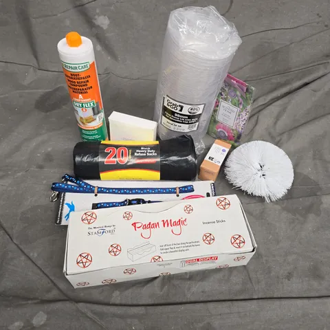 APPROXIMATELY 15 ASSORTED HOUSEHOLD ITEMS TO INCLUDE PAGAN MAGIC INCENSE STICKS, 98MM CLEAR DOME LID WITH HOLE, HEAVY DUTY REFUSE SACKS, ETC