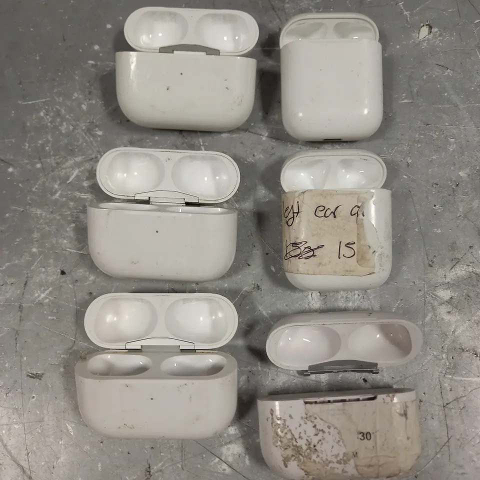 LOT OF 6 ASSORTED EMPTY APPLE AIRPODS CHARGING CASES TO INCLUDE A1602 1ST GEN AND A2190 PRO IN WHITE