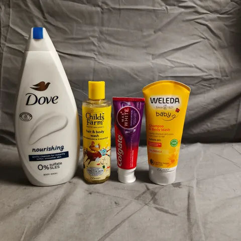 APPROXIMATEY 20 ASSORTED HEALTH AND BEAUTY PRODUCTS TO INCLUDE - DOVE BODY WASH - CHILD'S FARM HAIR & BODY WASH AND COLGATE MAX WHITE TOOTHPASTE