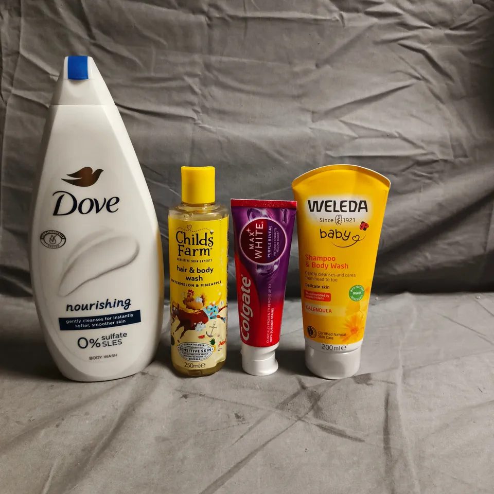 APPROXIMATEY 20 ASSORTED HEALTH AND BEAUTY PRODUCTS TO INCLUDE - DOVE BODY WASH - CHILD'S FARM HAIR & BODY WASH AND COLGATE MAX WHITE TOOTHPASTE