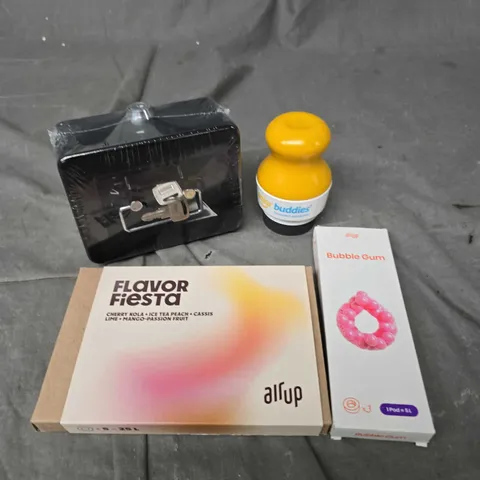 APPROXIMATELY 15 ASSORTED HOUSEHOLD ITEMS TO INCLUDE AIR UP FLAVOURS, STORAGE BOX, SOLAR BUDDIES ETC