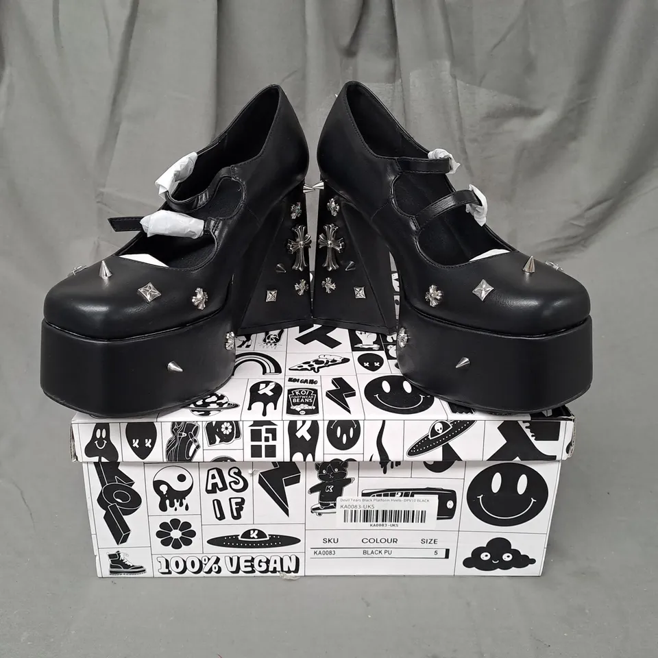 BOXED PAIR OF KOI VEGAN DEVIL TEARS PLATFORM HEELS IN BLACK UK SIZE 5