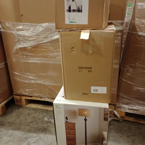 PALLET OF ASSORTED DESIGNER LIGHTING PRODUCTS TO INCLUDE;GRACIE FLOOR LAMP, CEILING LIGHT FITTING,DIMMABLE LED DESK LAMP