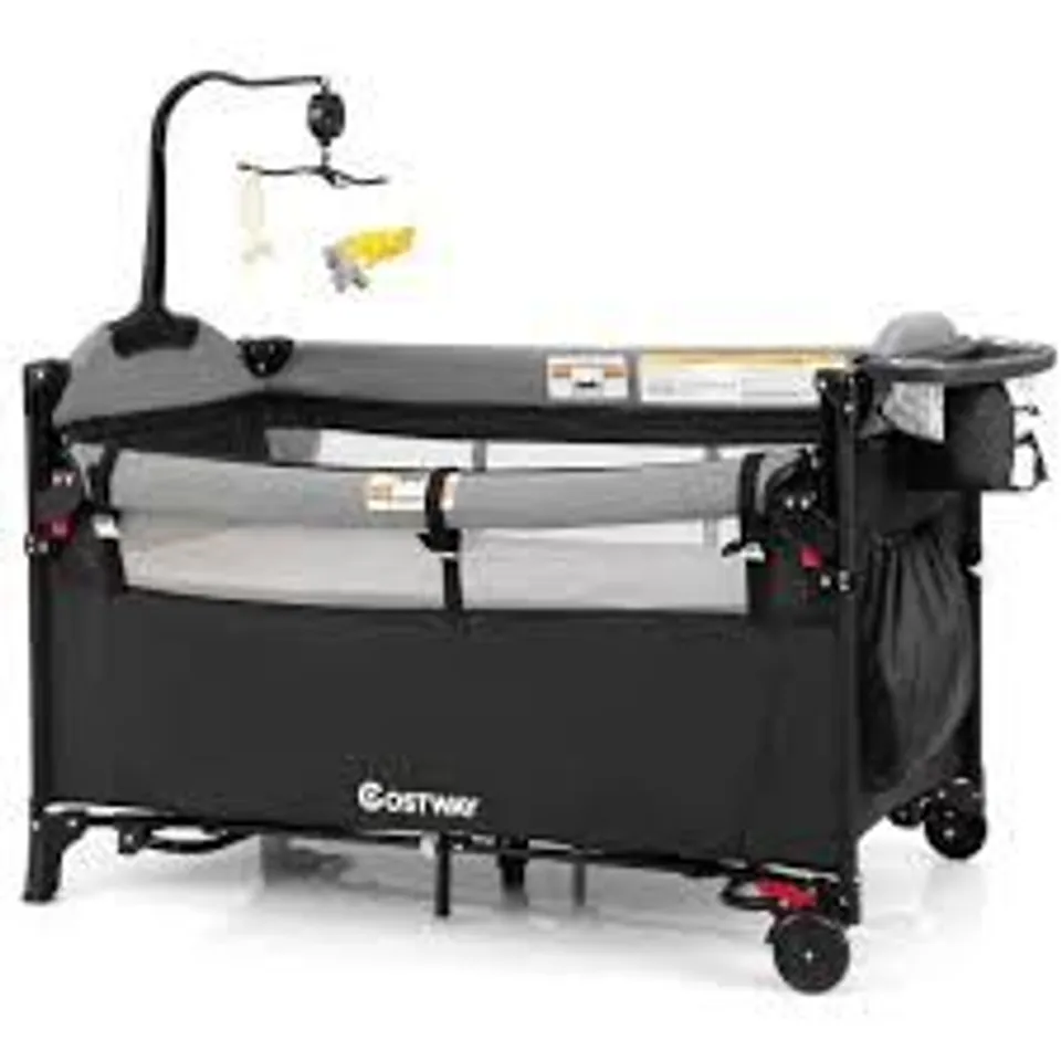 BOXED 5-IN-1 BABY BASSINET BEDSIDE SLEEPER WITH DIAPER CHANGER AND HANGING TOYS - BLACK