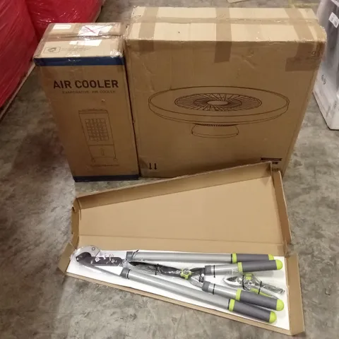 PALLET OF ASSORTED HOUSEHOLD GOODS AND PRODUCTS TO INCLUDE; A VERY LARGE QUANTITY OF GARDEN TOOLS, AIR COOLER, CEILING FAN LIGHT ETC