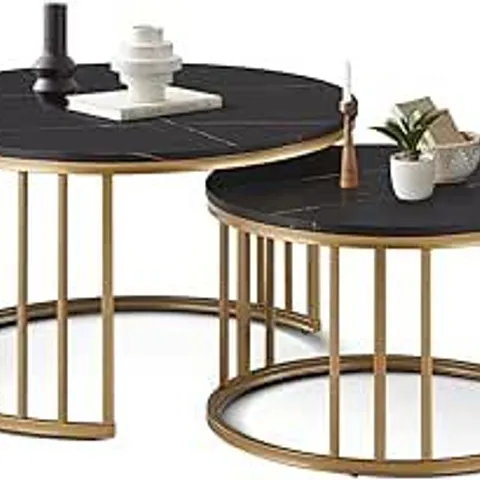 OFCASA NESTING COFFEE TABLES SET OF 2 ROUND COFFEE TABLE FOR LIVING ROOM WOOD TABLETOP GOLDEN METAL FRAME NEST OF TABLES FOR HOME OFFICE SOFA, BLACK (1 BOX)