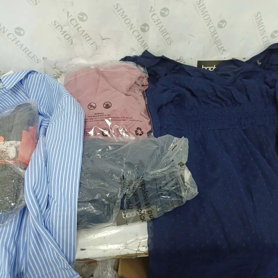 LARGE QAUNTIITY OF ASSORTED CLOTHING ITEMS TO INCLUDE DRESSES, SOCKS, SHIRTS, ETC