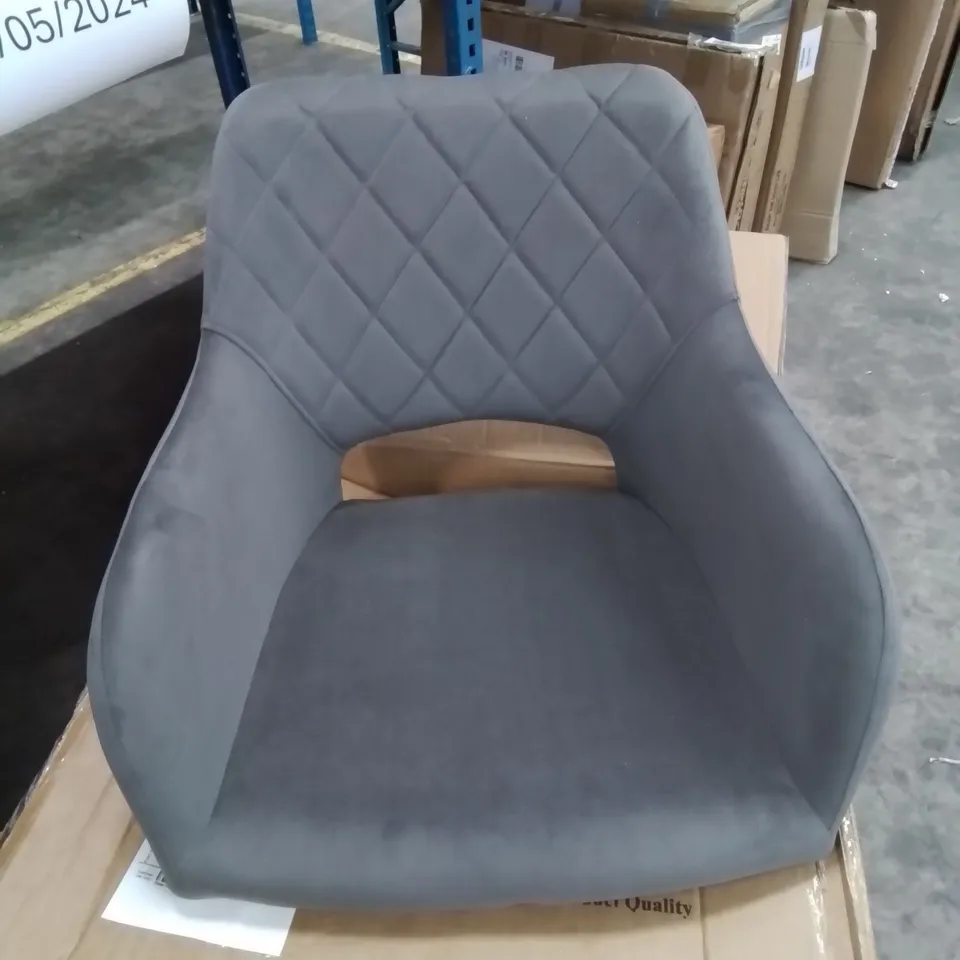 A BOXED PAIR OF SOFT VELVET UPHOLSTERED DINING ROOM CHAIRS IN GREY