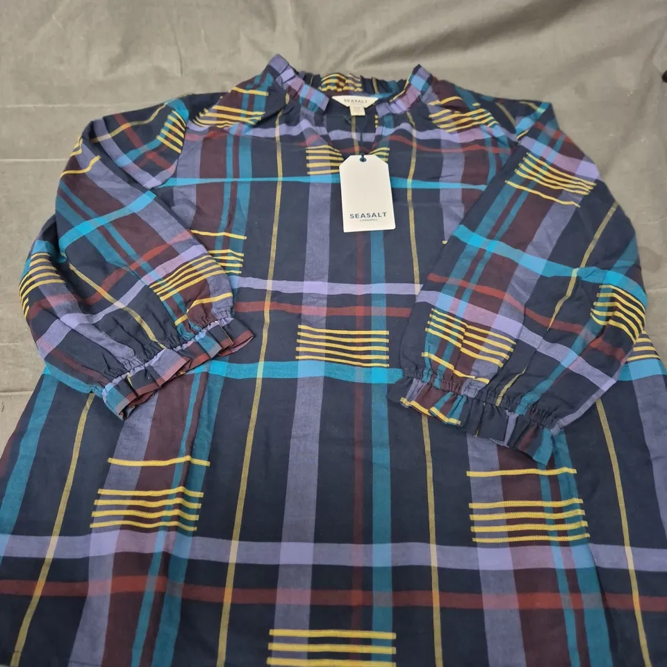 SEASALT CORNWALL AGGIE TOP – CHERRY TREE TEAL PLAID, ORGANIC COTTON (UK 12)