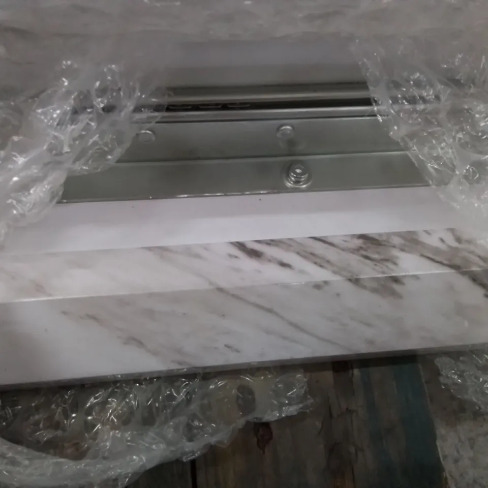 PALLET TO CONTAIN A LARGE WOODEN WHITE MARBLE EFFECT DINING TABLE AND PARTS