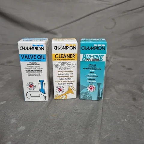 APPROXIMATELY 15 CHAMPION MUSICAL INSTRUMENT PRODUCTS TO INCLUDE CLEANER - VALVE OIL AND LUBRICANT
