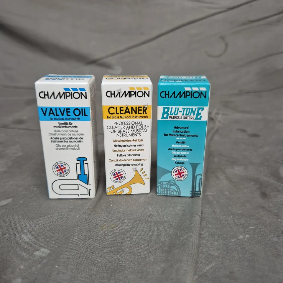 APPROXIMATELY 15 CHAMPION MUSICAL INSTRUMENT PRODUCTS TO INCLUDE CLEANER - VALVE OIL AND LUBRICANT