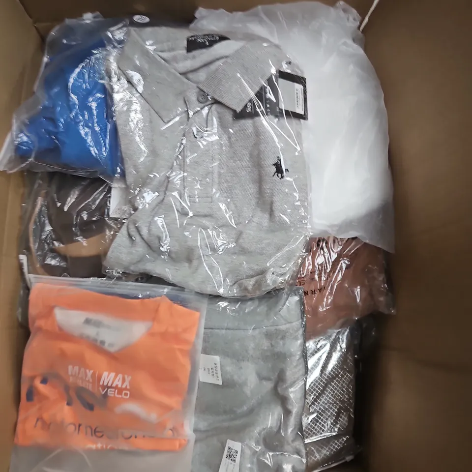 LARGE BOX OF APPROXIMATELY 25 ASSORTED CLOTHING ITEMS IN VARIOUS COLOURS, STYLES AND SIZES - COLLECTION ONLY