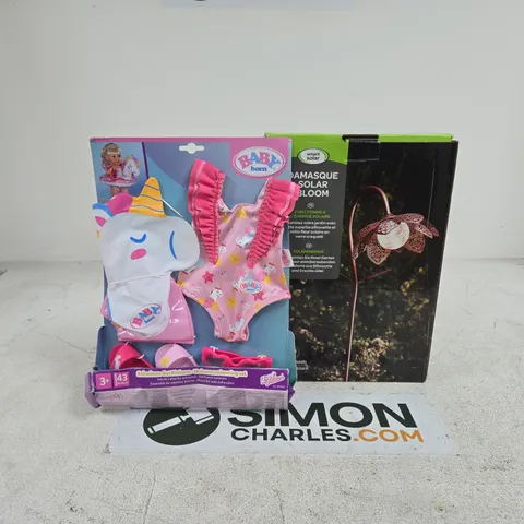 BOX OF APPROXIMATELY 15 ASSORTED ITEMS TO INCLUDE SMART SOLAR DAMASQUE SOLAR BLOOM, BABY BORN SWIMMING SET ETC