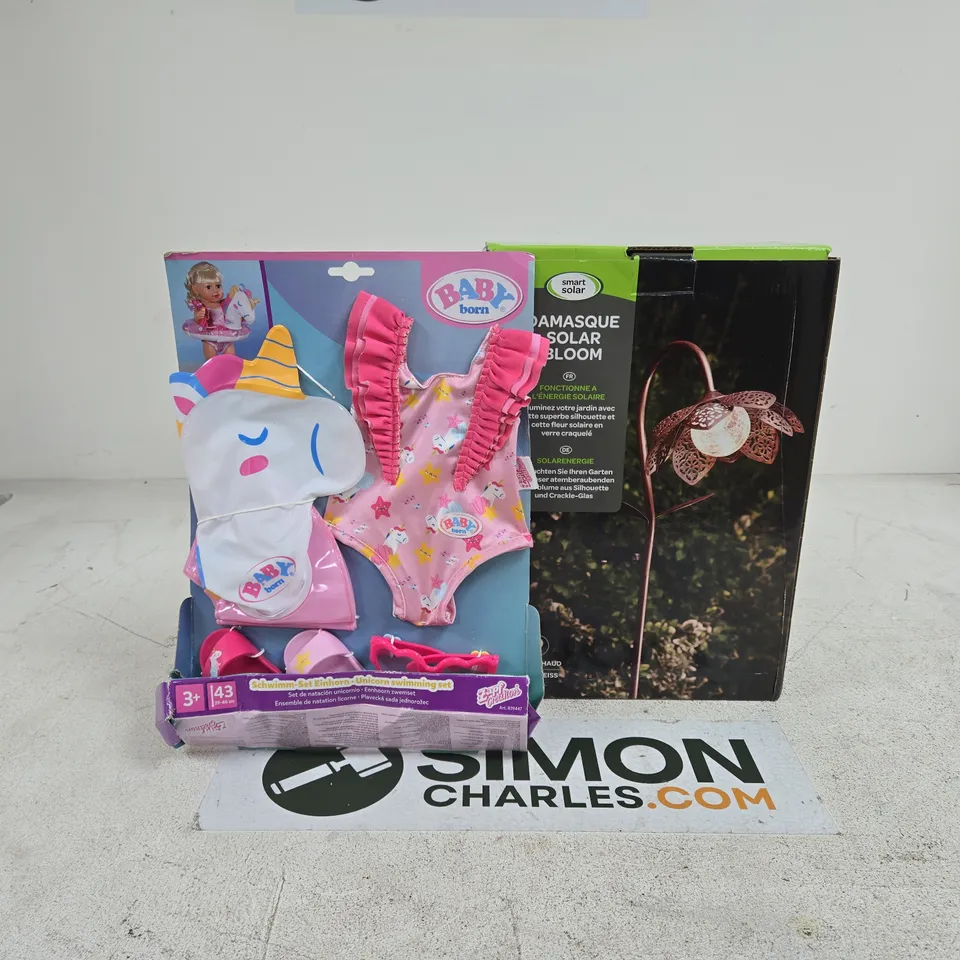 BOX OF APPROXIMATELY 15 ASSORTED ITEMS TO INCLUDE SMART SOLAR DAMASQUE SOLAR BLOOM, BABY BORN SWIMMING SET ETC