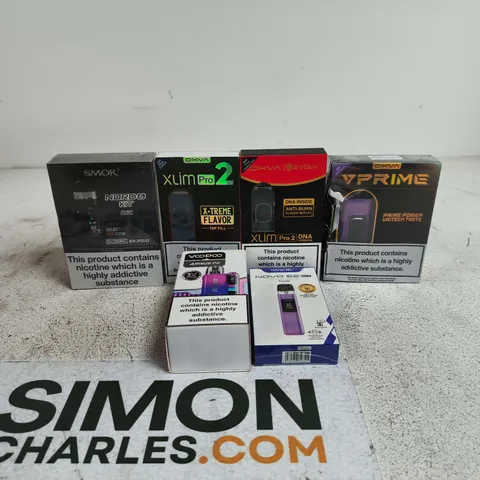 BOX OF APPROXIMATELY 25 ASSORTED E-CIGARETTES AND COMPONENTS TO INCLUDE OXVA EVOLV, SMOK, VOOPOO
