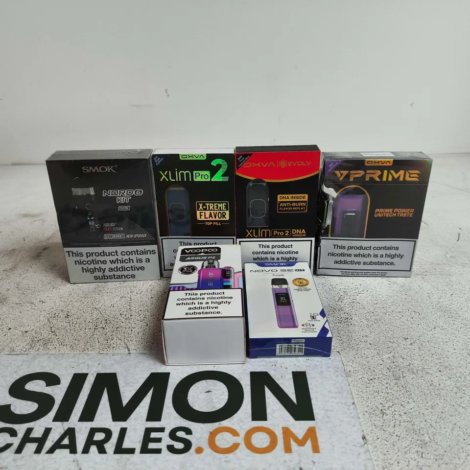 BOX OF APPROXIMATELY 25 ASSORTED E-CIGARETTES AND COMPONENTS TO INCLUDE OXVA EVOLV, SMOK, VOOPOO