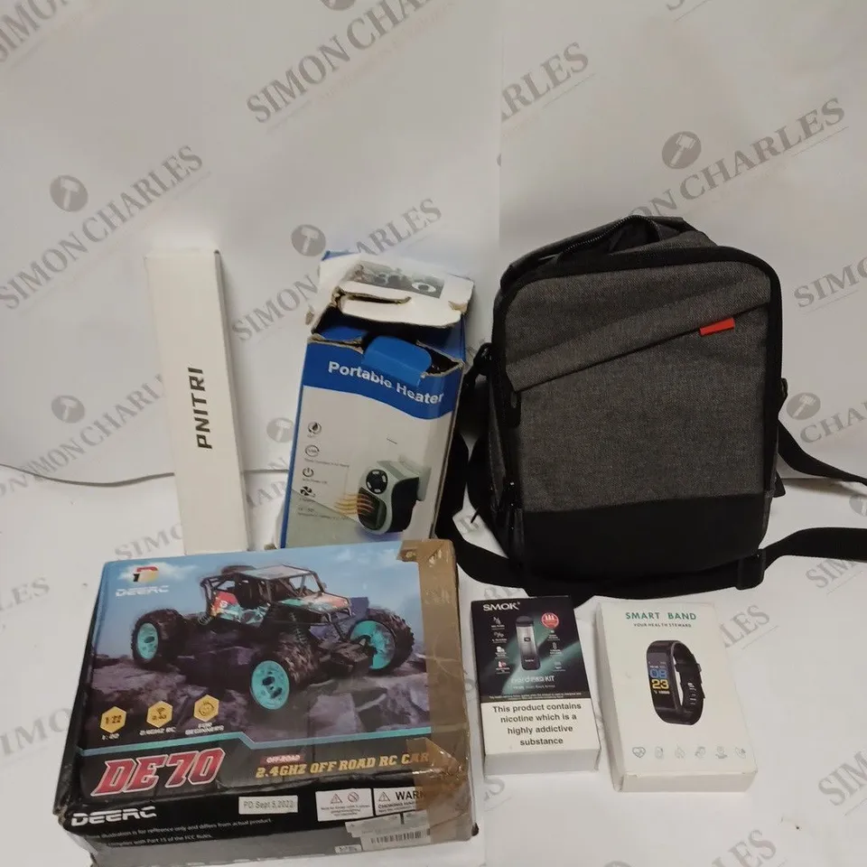 BOX OF APPROXIMATELY 5 ASSORTED HOUSEHOLD & ELECTRICAL PRODUCTS TO INCLUDE PORTABLE HEATER, RC CAR, SMOK NORD PRO KIT ETC