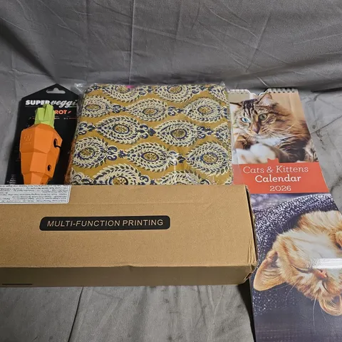BOX OF APPROXIMATELY 15 ASSORTED HOUSEHOLD ITEMS TO INCLUDE DOG TOYS, CALENDAR AND PILLOWS