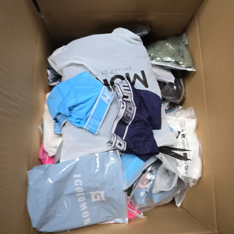LARGE BOX OF APPROXIMATELY 20 ASSORTED CLOTHING ITEMS IN VARIOUS SIZES, STYLES AND COLOUR