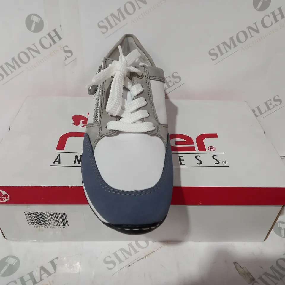 BOXED PAIR OF RIEKER SNEAKERS WITH REMOVABLE INSOLE COMBINATION BLUE UK SIZE 6.5