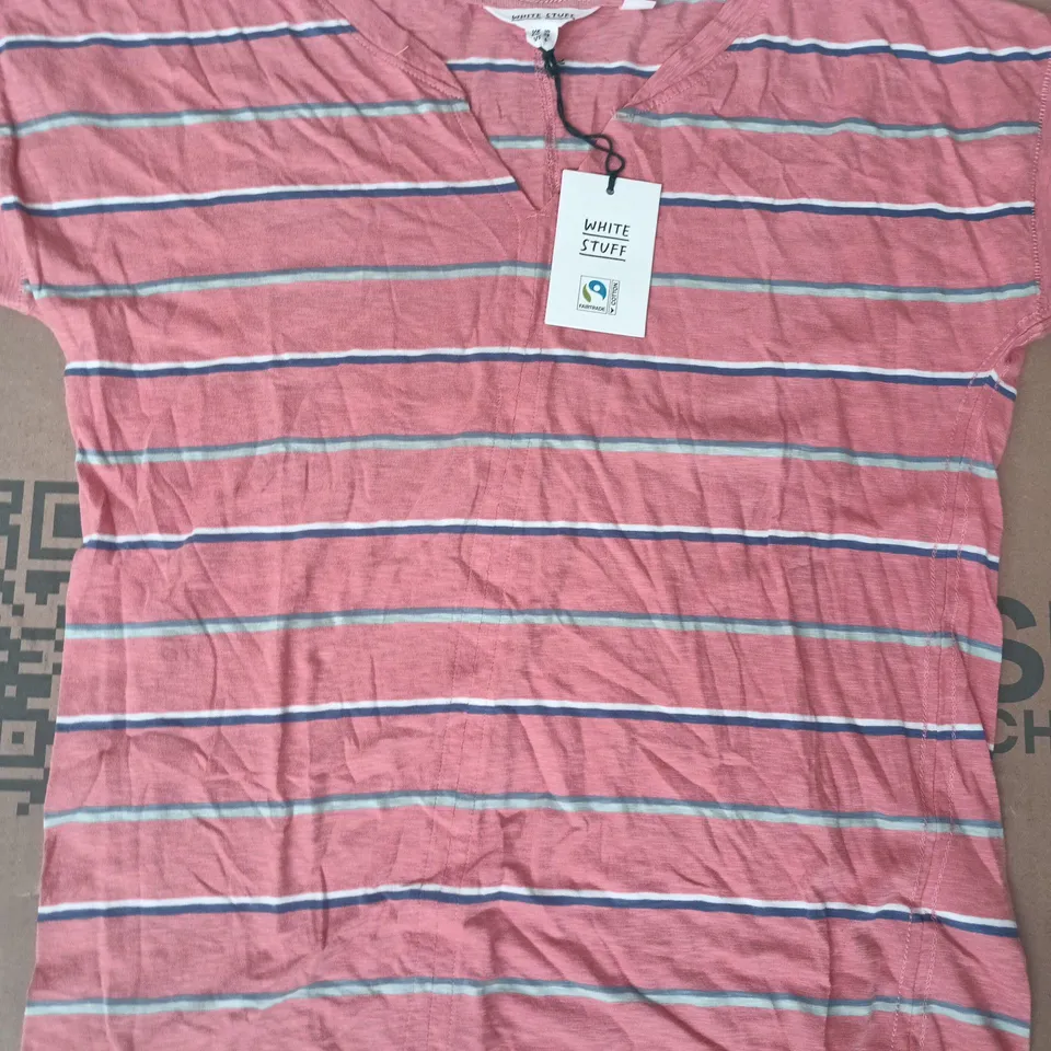 WHITE STUFF NELLY NOTCH STRIPE NECK T-SHIRT IN CORAL/MULTI SIZE UK 10