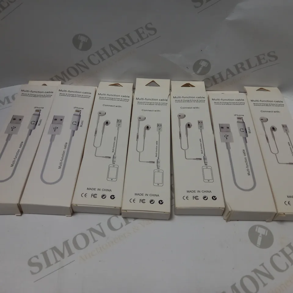 LOT OF APPROXIMATELY 7 USB-A TO LIGHTNING CONNECTOR CABLE AND MUSIC ADAPTER