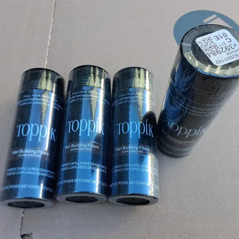 LOT OF APPROXIMATELY 55 27.5G TUBS OF TOPPIK DARK BROWN HAIR BUILDING FIBRES