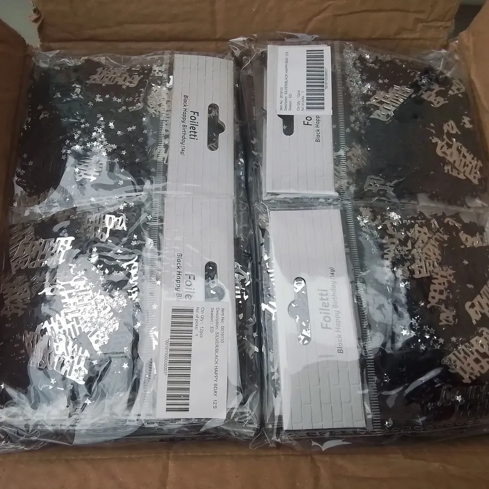 LOT OF 5 BOXES OF BRAND NEW SILVER/BLACK HAPPY BIRTHDAY CONFETTI  - 144 PIECES PER BOX / TOTAL 720