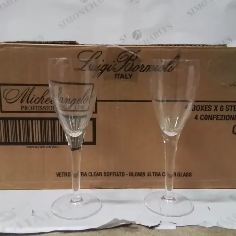 BOXED LUIGI BORMIOLI CHAMPAGNE FLUTES SET OF 24