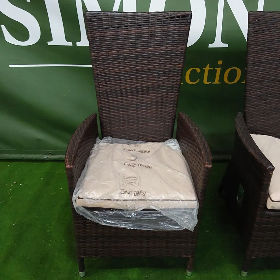 4 X DESIGNER MANUAL RECLINER GARDEN CHAIRS IN CHOCOLATE MIX RATTAN WITH CUSHIONS 