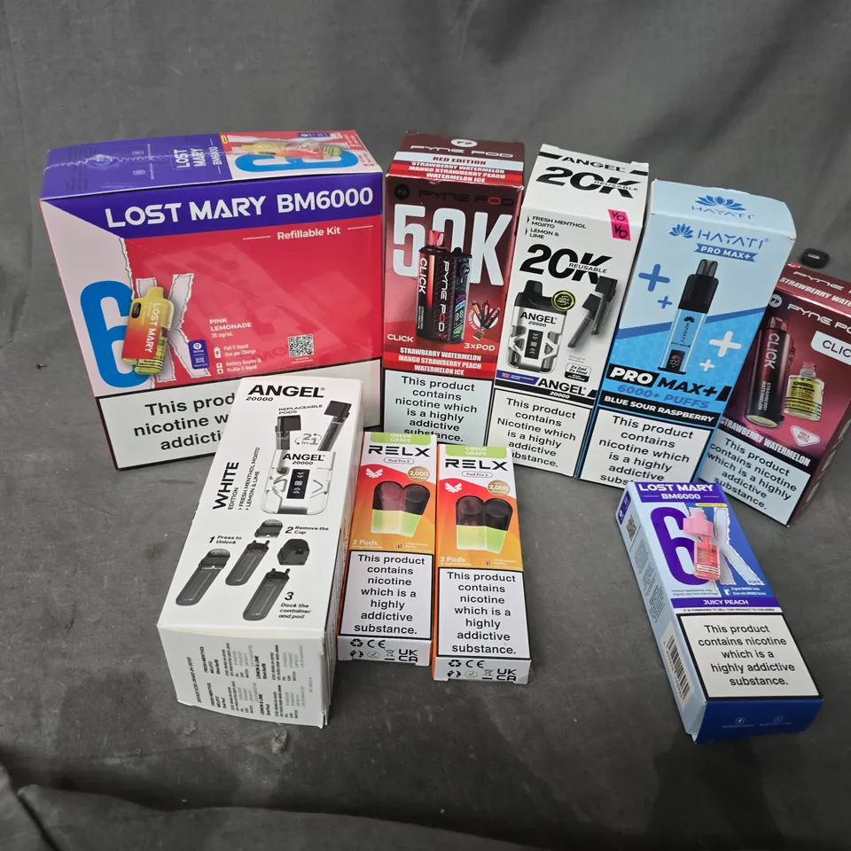 APPROXIMATELY 15 ASSORTED E-CIGARETTE PRODUCTS TO INCLUDE BRANDS SUCH AS LOST MARY, ANGEL, PYNE POD, ETC - COLLECTION ONLY