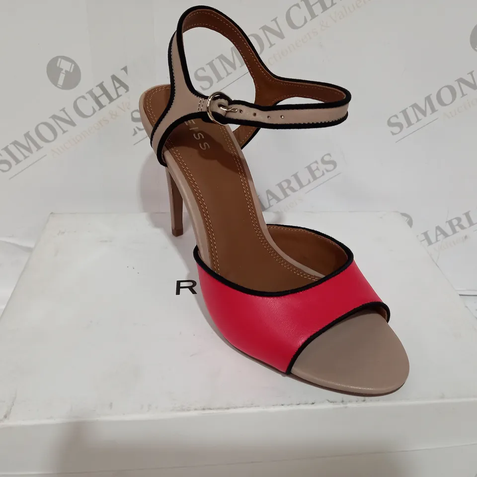 BOXED REISS MARGOT STRAP CORAL RED HEELS - SIZE 5